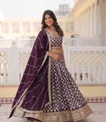 MESMERIZING WINE SEQUINS EMBROIDERED VISCOSE JACQUARD LEHENGA CHOLI FOR WEDDING