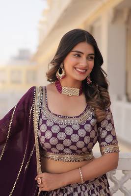 MESMERIZING WINE SEQUINS EMBROIDERED VISCOSE JACQUARD LEHENGA CHOLI FOR WEDDING 2