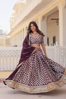 MESMERIZING WINE SEQUINS EMBROIDERED VISCOSE JACQUARD LEHENGA CHOLI FOR WEDDING 3
