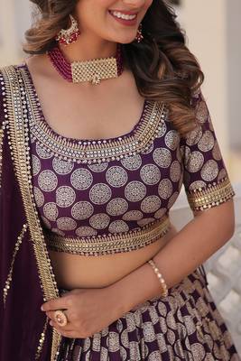 MESMERIZING WINE SEQUINS EMBROIDERED VISCOSE JACQUARD LEHENGA CHOLI FOR WEDDING 4