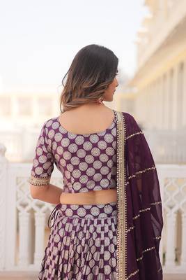 MESMERIZING WINE SEQUINS EMBROIDERED VISCOSE JACQUARD LEHENGA CHOLI FOR WEDDING 5