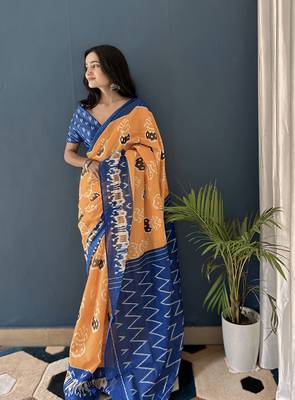 Pure Cotton Women'S Sarees,Block Printed Cotton Sarees,Trendy Cotton Sarees ,Cotton Sarees In Jetpur, Mill Print Saree 3