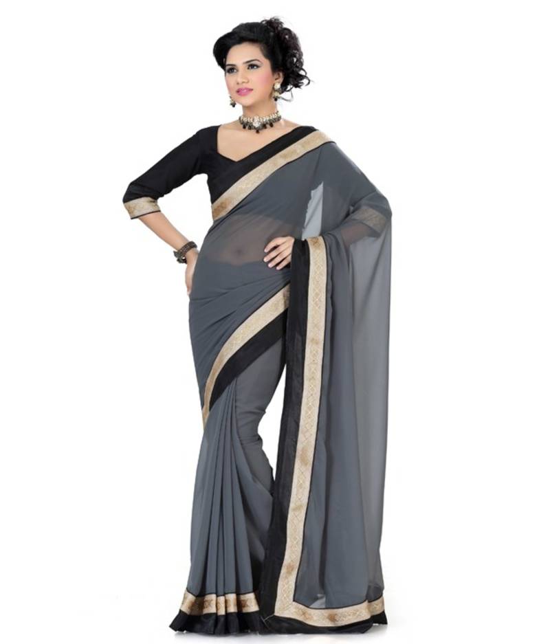 Grey plain chiffon saree with blouse