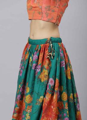 GREEN & ORANGE COLORED DORI, ZARI, AND SEQUINS EMBROIDERED & DIGITAL FLORAL PRINTED ORGANZA WEDDING LEHENGA 7