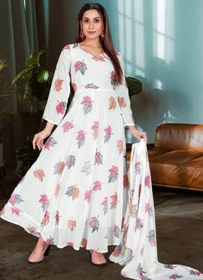 White Georgette Floral Print Anarkali With Dupatta 1