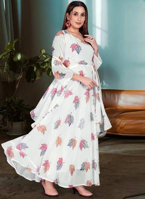 White Georgette Floral Print Anarkali With Dupatta 2