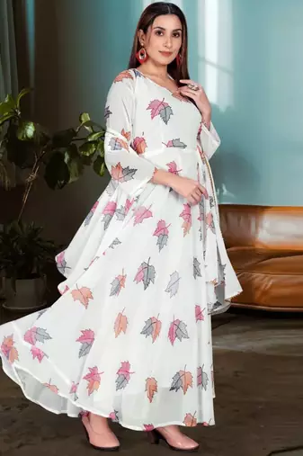 White Georgette Floral Print Anarkali With Dupatta