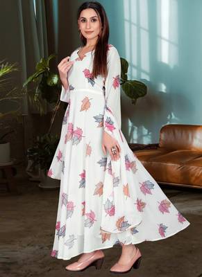 White Georgette Floral Print Anarkali With Dupatta 3