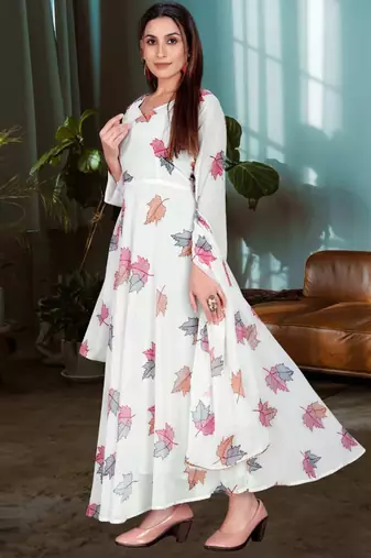 White Georgette Floral Print Anarkali With Dupatta