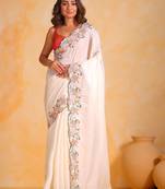 Heavy Border Embroidery Work White Art Silk Partywear Saree