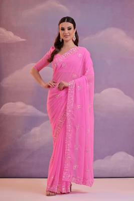 Pink Ethnic Georgette c Style Sequins Work Partywear Saree 1