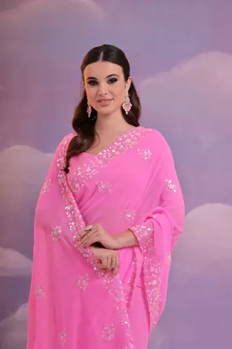 Pink Ethnic Georgette c Style Sequins Work Partywear Saree