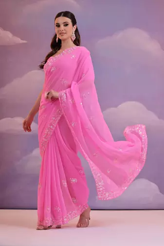 Pink Ethnic Georgette c Style Sequins Work Partywear Saree
