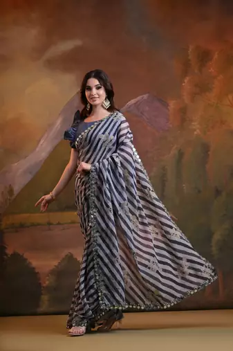 Black Rajasthani Leheriya Printed Foil Mirror Work Ethnic Classy Saree