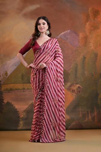 Maroon Rajasthani Leheriya Printed Foil Mirror Work Ethnic Classy Saree