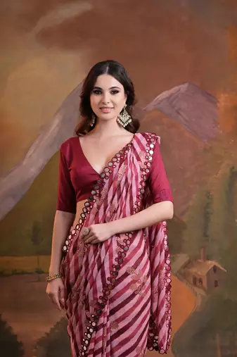 Maroon Rajasthani Leheriya Printed Foil Mirror Work Ethnic Classy Saree
