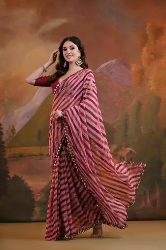 Maroon Rajasthani Leheriya Printed Foil Mirror Work Ethnic Classy Saree