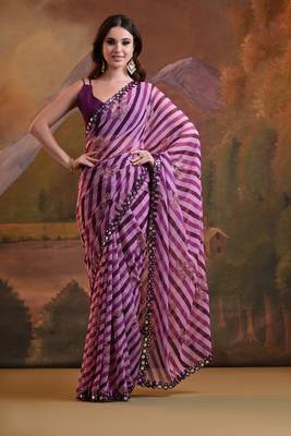 Wine Rajasthani Leheriya Printed Foil Mirror Work Ethnic Classy Saree 1