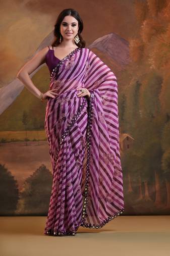 Wine Rajasthani Leheriya Printed Foil Mirror Work Ethnic Classy Saree