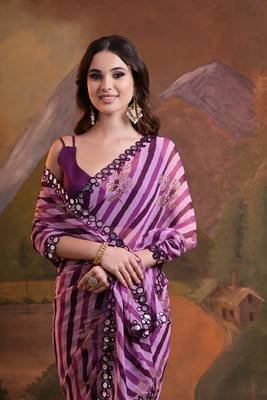Wine Rajasthani Leheriya Printed Foil Mirror Work Ethnic Classy Saree 3