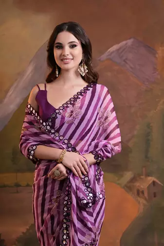 Wine Rajasthani Leheriya Printed Foil Mirror Work Ethnic Classy Saree