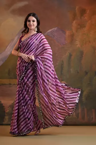 Wine Rajasthani Leheriya Printed Foil Mirror Work Ethnic Classy Saree