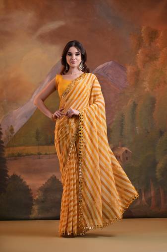 Yellow Rajasthani Leheriya Printed Foil Mirror Work Ethnic Classy Saree