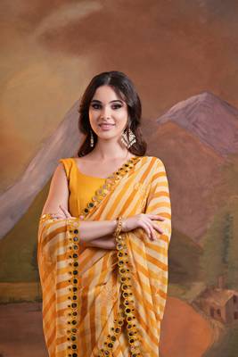 Yellow Rajasthani Leheriya Printed Foil Mirror Work Ethnic Classy Saree 3