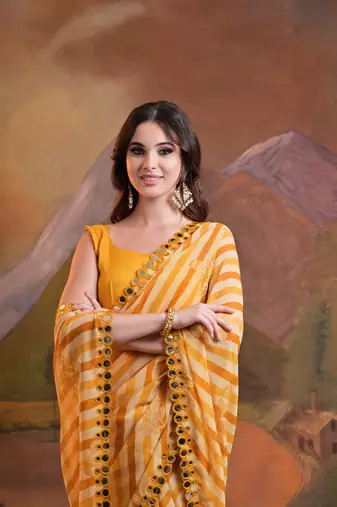 Yellow Rajasthani Leheriya Printed Foil Mirror Work Ethnic Classy Saree