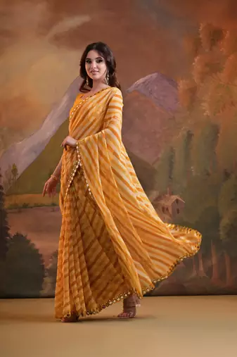 Yellow Rajasthani Leheriya Printed Foil Mirror Work Ethnic Classy Saree