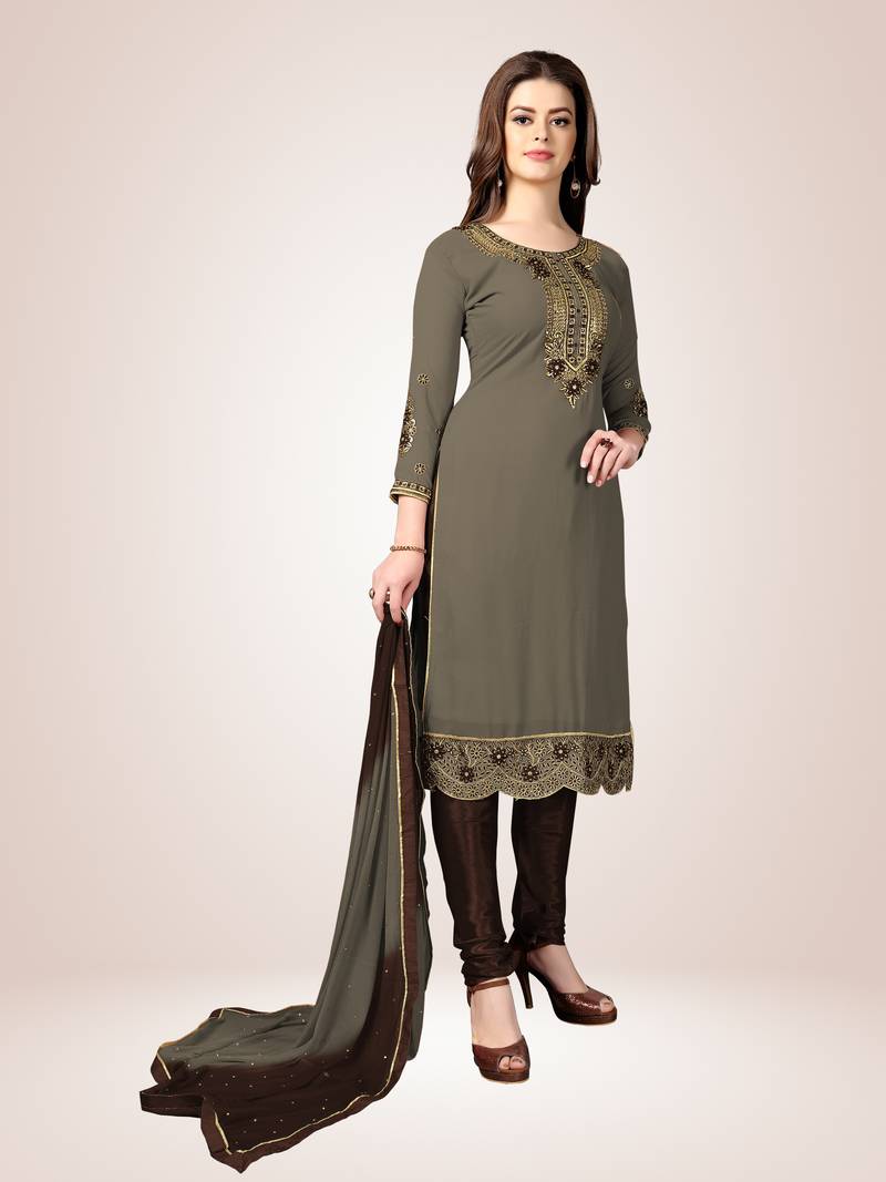 Trendmalls Grey embroidered Georgette Party Wear Kurta Pant with Dupatta Salwar Suit Set