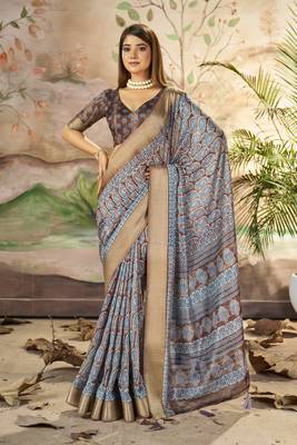 Brown Grey Graceful Woven Border With Smart Printed Partywear Saree 1