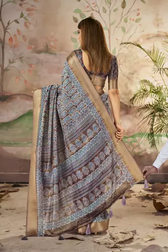 Brown Grey Graceful Woven Border With Smart Printed Partywear Saree