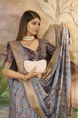 Brown Grey Graceful Woven Border With Smart Printed Partywear Saree 3