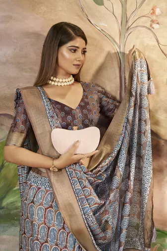 Brown Grey Graceful Woven Border With Smart Printed Partywear Saree