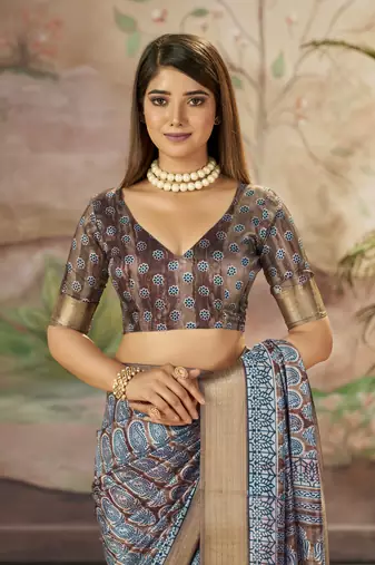 Brown Grey Graceful Woven Border With Smart Printed Partywear Saree