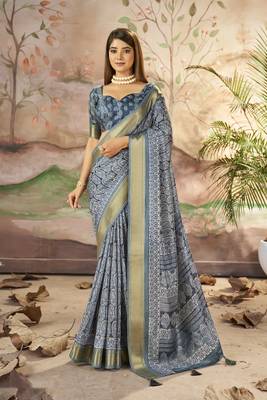 Dark Slate Grey Graceful Woven Border With Smart Printed Partywear Saree 1
