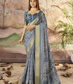 Dark Slate Grey Graceful Woven Border Designer With Smart Printed Partywear Saree