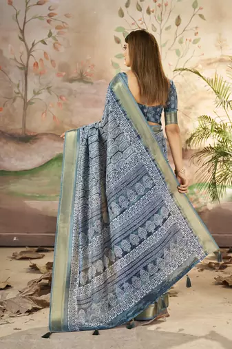 Dark Slate Grey Graceful Woven Border With Smart Printed Partywear Saree