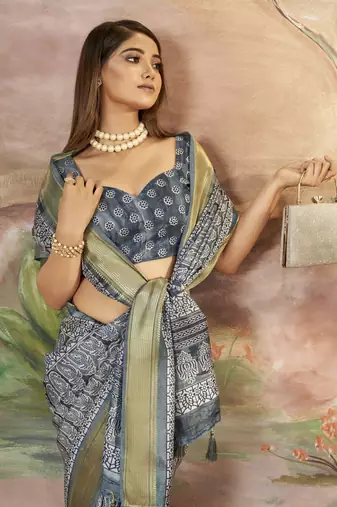 Dark Slate Grey Graceful Woven Border With Smart Printed Partywear Saree