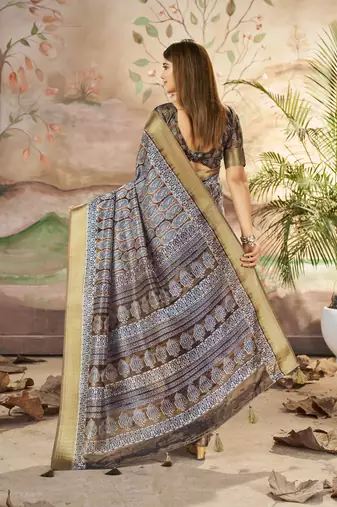 Dull Brown Graceful Woven Border With Smart Printed Partywear Saree