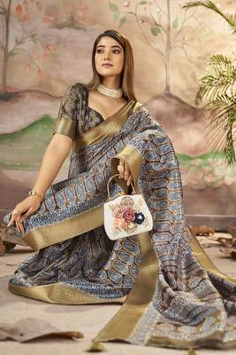 Dull Brown Graceful Woven Border With Smart Printed Partywear Saree 3