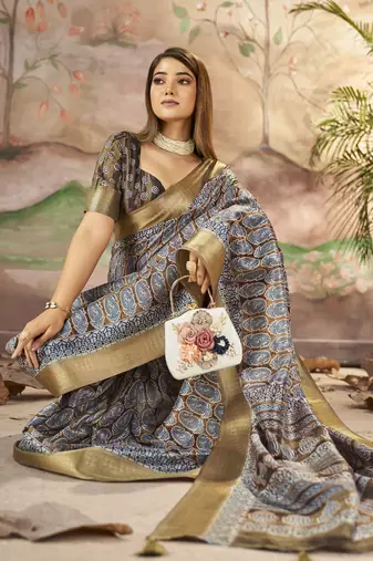 Dull Brown Graceful Woven Border With Smart Printed Partywear Saree