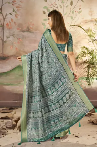 Mineral Green Graceful Woven Border With Smart Printed Partywear Saree