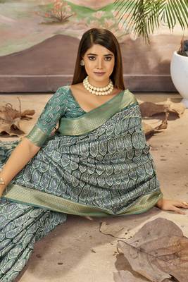 Mineral Green Graceful Woven Border With Smart Printed Partywear Saree 3