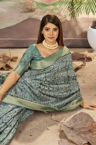 Mineral Green Graceful Woven Border With Smart Printed Partywear Saree