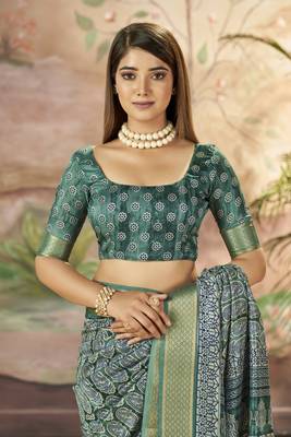 Mineral Green Graceful Woven Border With Smart Printed Partywear Saree 4