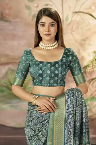 Mineral Green Graceful Woven Border With Smart Printed Partywear Saree