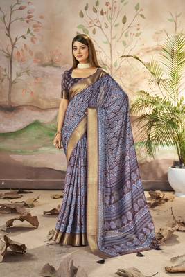 Purple Brown Graceful Woven Border With Smart Printed Partywear Saree 1