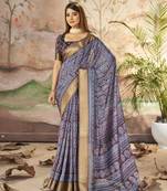 Purple Brown Graceful Woven Border With Smart Printed Partywear Saree